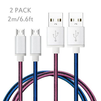 Micro USB Cable 6ft2m 2-Pack High-Speed Nylon Braided Striped Tangle-Free with Stainless Steel Connector by Boxeroo for SamsungHTCNokiaSonyAndroid and More Devices
