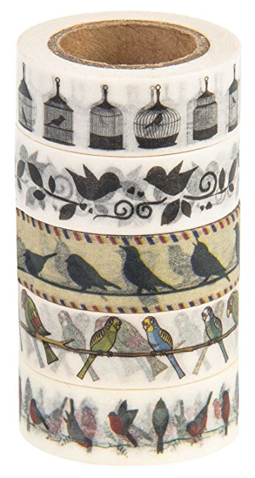 Washi Tape (Japanese Masking Tape) by MIKOKA, 0.6 Inches Wide, 32.8 Feet Long, Set of 5 - Birds