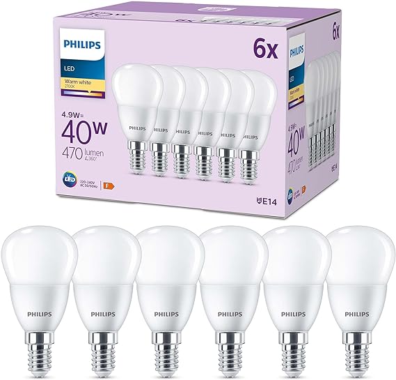 PHILIPS LED Frosted P45 Golf Ball Light Bulb 6 Pack [Warm White 2700K - E14 Small Edison Screw] 40W, Non Dimmable. for Home Indoor Lighting