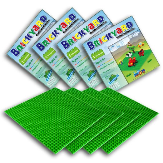 Improved Design LEGO Compatible Brick Building Baseplate by Brickyard Large Green 10 x 10 Plastic Base Plate Perfect for Activity Table or Displaying Construction Toy Bricks Pack of 4 Green