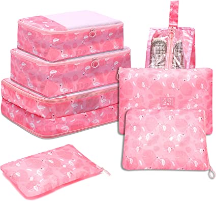 7Pcs Travel Bags Clothes Packing Cube Luggage Organizer with Shoes Bag (Pink Flamingos1)