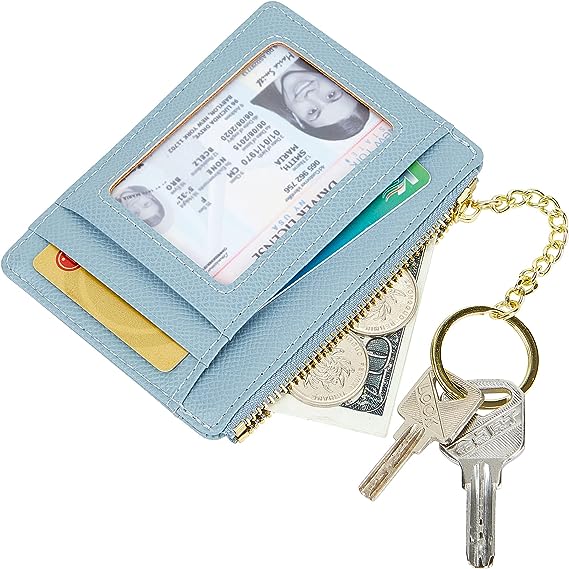 Women's Slim Minimalist Card Holder Coin Changes Purse Keychain Front Pocket Wallet with ID Window, SkyBlue-ID