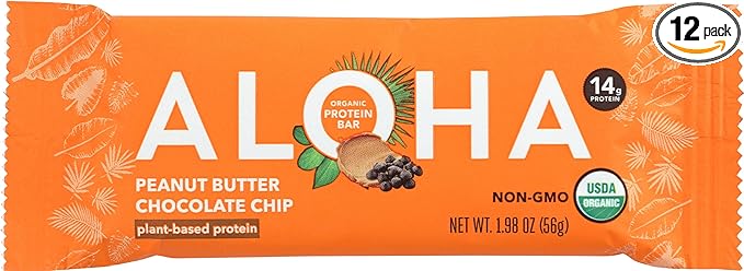 Aloha Organic Peanut Butter Chocolate Chip Protein Bars, 14g Plant-Based Protein, USDA Certified Organic, Gluten Free & Non-GMO, 1.9 Oz (Pack of 12)