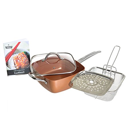 6-in-1 Cooking Set, Versatile 9.5” Square Copper Pan with Lid, Fry Basket, & Steamer, for Frying, Baking, Sautéing, Roasting, Stir-Fry, Oven Safe, Dishwasher Safe, By California Home Goods