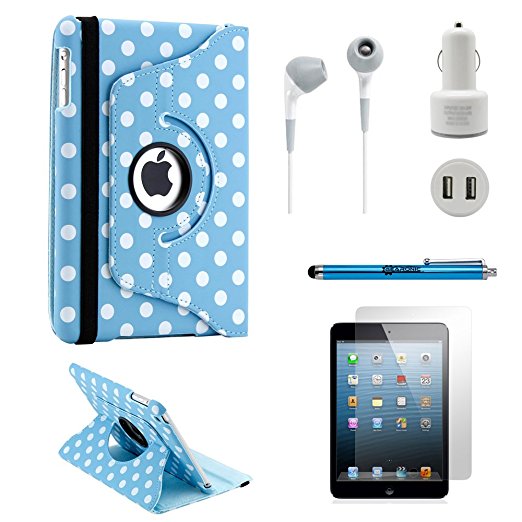 Gearonic iPad Mini 5-in-1 Accessories Bundle Light Blue PolkaDot Rotating Case Business Travel Combo