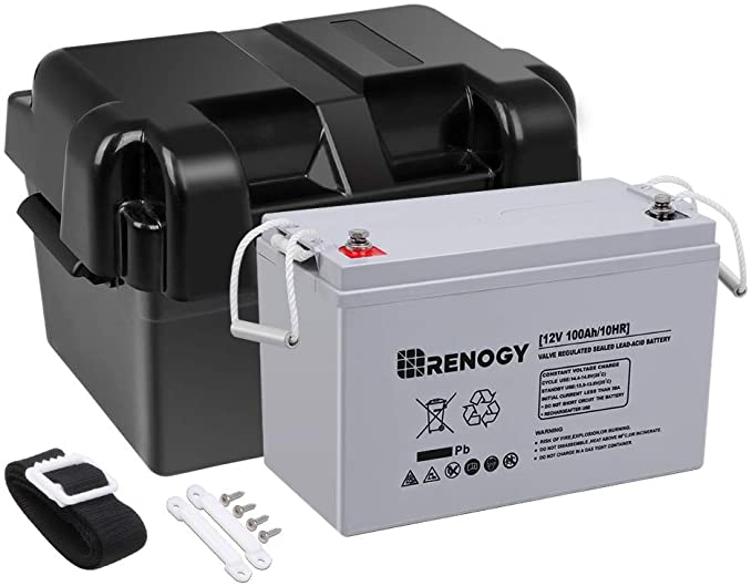 Renogy 12V 100Ah Deep Cycle AGM Battery w/Battery Box for RV, Solar Marine and Off-grid Applications