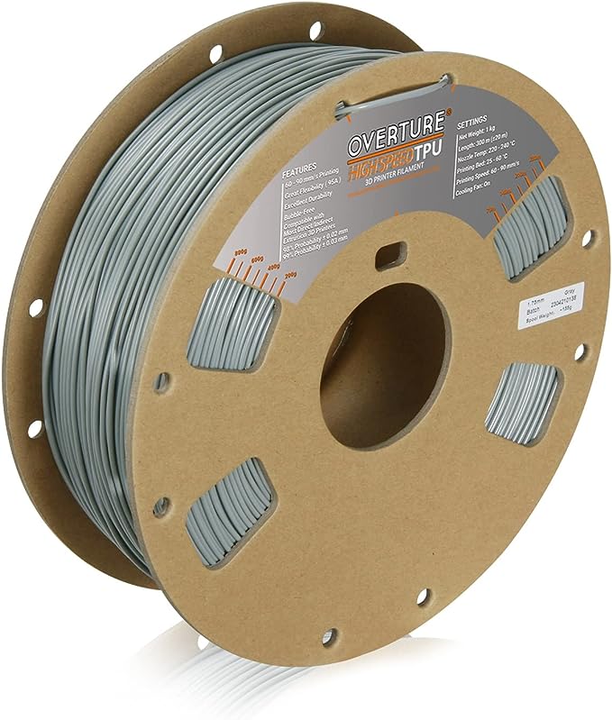 OVERTURE TPU High Speed Filament 1.75mm Flexible 95A TPU Roll, 3D Printer Filament,Dimensional Accuracy  /- 0.03 mm, Fit Most FDM Printer (HS TPU Gray)