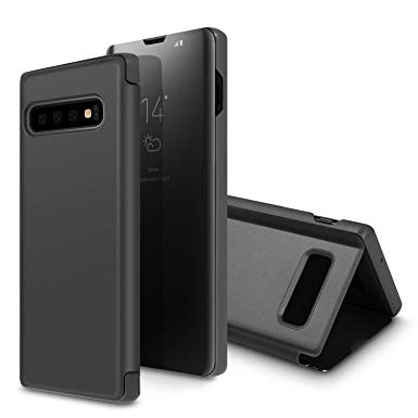 Galaxy S10  Case,SQMCase Translucent S-View Window Mirror Makeup Slim Electroplate Plating Stand Full Body Protective Flip Folio Cover for Galaxy S10 /S10 Plus,Black
