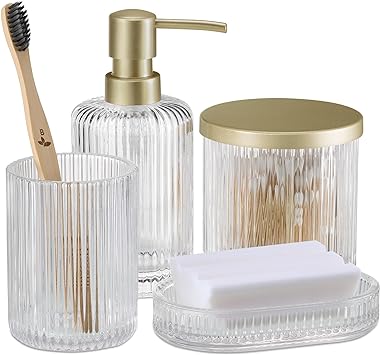 Navaris Glass Bathroom Accessories Set (4 Pieces) - Includes Soap Dispenser, Toothbrush Tumbler, Soap Dish, Cotton Pad Holder - Clear Glass with Gold Metal