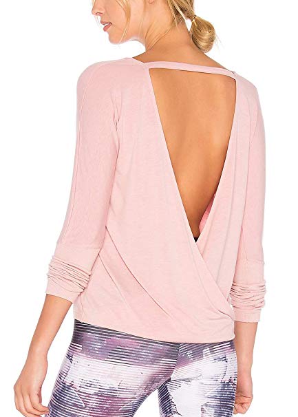 Bestisun Women's Open Back Crossover Blouses Long Sleeve Back Cut Out Top Workout Casual Shirt