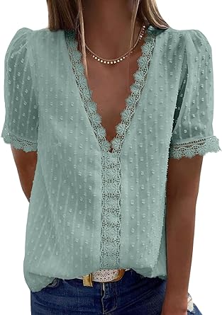 Dokotoo Women's V Neck Lace Crochet Tunic Tops Flowy Casual Blouses Shirts