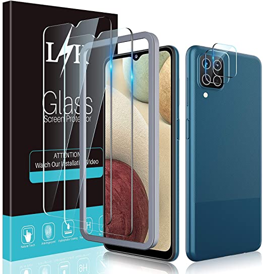 [2 2 Pack] LϟK Screen Protector for Samsung Galaxy A12/A12 Nacho with 2 Pack Tempered Glass and 2 Pack Camera Lens Protector - HD Clear 9H Hardness Bubble Free Alignment Frame Protective Film