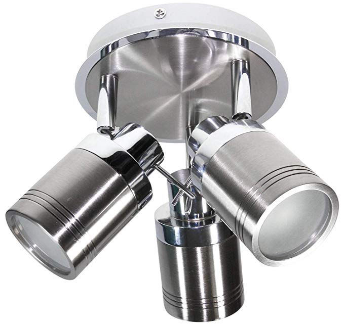 PowerSave Choose ~ Directional 3 Head Chrome and Brushed Steel IP44 Rated Bathroom Spotlight ~ and/or ~ 3 Pack of GU10 LED Energy Saving Light Bulbs (Bathroom Ceiling Spotlight)
