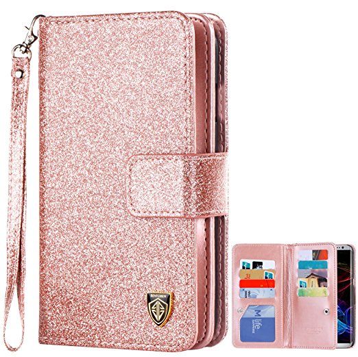 Galaxy S8 Plus Case, Samsung Galaxy S8 Plus Case, BENTOBEN Glitter Faux Leather Flip Credit Card Holder Wristlet Shockproof Protective Wallet Case for Samsung Galaxy S8 Plus, Rose Gold