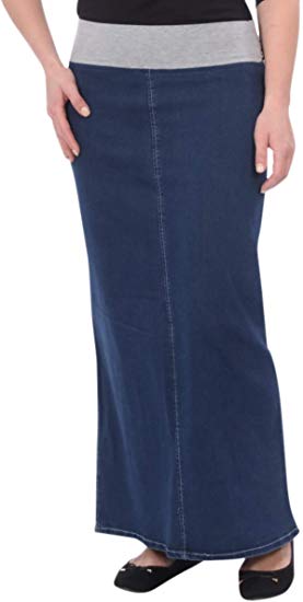 Kosher Casual Women's Modest Straight Maxi Length Denim Skirt Stretch Waistband No Slits
