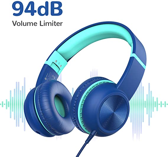 iClever HS17 Kids Headphones, Headphone for Kids with Optional Volume Limiter 85/94dB, Share Function with Mic, Foldable, 3.5mm Aux Nylon Cable, Children Headphones for iPad/Airplane/School, Blue