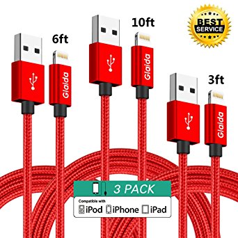 iPhone Charger Cord,Glaida Lightning Cable,3Pcs 3ft 6ft 10ft Extra Long Nylon Braided 8Pin Lightning to High Speed Charging USB Cable for iPhone7 Plus/7/6s Plus/6s/6 Plus/6,se/5s/5c/5,iPad (Red)