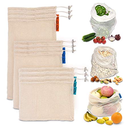 JUNMAO REUSABLE PRODUCE BAGS for Grocery Shopping & Storage&Organization,9PCS/SET 3 SIZES Mesh Bags,Eco-Friendly Natural Muslin Cotton Drawstring & Premium Washable Set