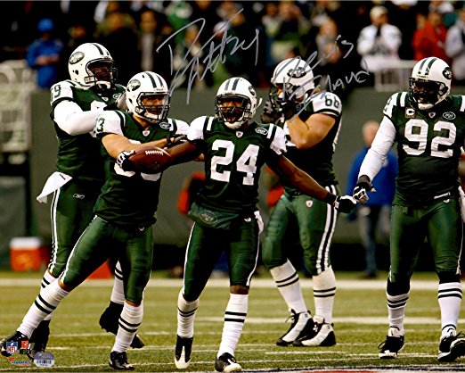 Darrelle Revis New York Jets Autographed 16" x 20" Celebration Green Jersey Photograph with Revis Island Inscription - Fanatics Authentic Certified