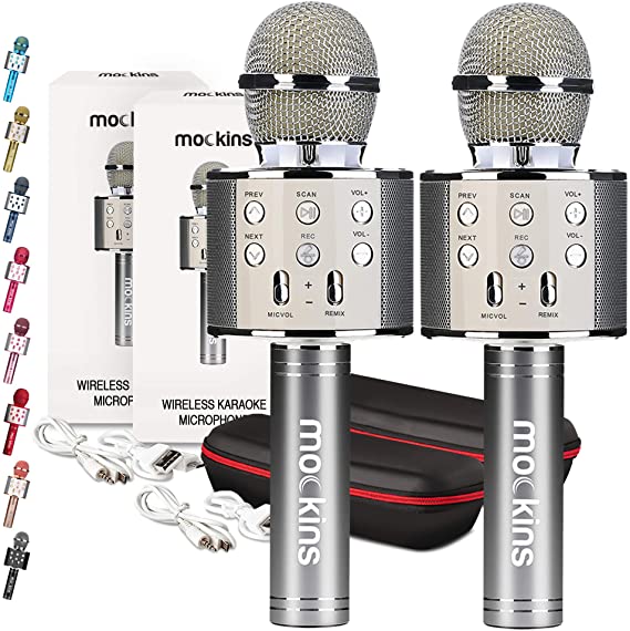 Mockins 2 Pack Silver Color Wireless Bluetooth Karaoke Microphone with Built in Bluetooth Speaker All-in-One Karaoke Machine | Compatible with Android & iOS iPhone