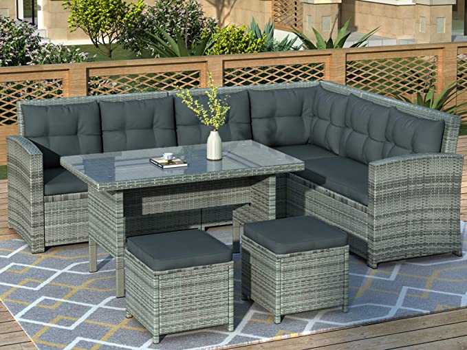 Merax 6-Piece Patio Dining Sets, PE Rattan Sectional Outdoor Patio Furniture Wicker Sofa with 2 Stools, Tempered Glass Table & Cushions (Grey)