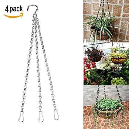 YINUOWEI 23.6 Inch Hanging Flower Basket Galvanized Replacement Chain Flowerpot Iron Sling Chain 3 Point Garden Plant Hanger for Indoor/Outdoor, Set of 4 (Silver(23.6In))