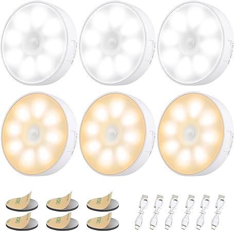 Electight Motion Sensor Lights Indoor, 6 Pack 8LEDs Night Light, Wireless LED Sensor Light with Magnetic Base, 6000K &USB Rechargeable Battery for Wardrobe,Stair,Closet,Hallway-Warm Yellow&Cold White