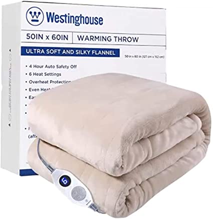 Westinghouse Electric Blanket Throw Heated Blanket Soft Silky Flannel, Machine Washable, 6 Heat Settings & 4 Hours Auto Off, Ivory