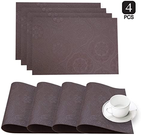 Dainty Home Faux Leather Hyde Park Slip Resistant Suede Backing Embossed 3D Surface Luxury Place Mats Set of 4, 12 inch x 18 inch Rectangle, Solid Textured Burgundy