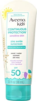 Aveeno Kids Continuous Protection Zinc Oxide Mineral Sunscreen Lotion for Children's Sensitive Skin with Broad Spectrum SPF 50, Tear-Free, Sweat- & Water-Resistant, Non-Greasy, 3 fl. oz