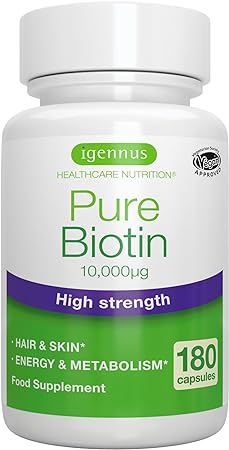 Pure Biotin 10,000 mcg, D-Biotin, Clean Ingredients, 1-a-Day, 180 Capsules, Lab Verified, Vegan & Hypoallergenic, Supplement for Hair Growth, Skin & Energy, by Igennus