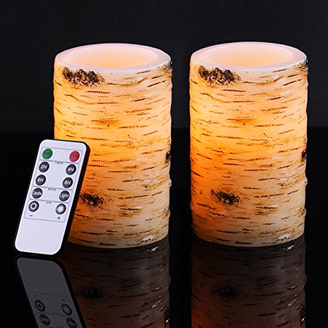 Bingolife Real Wax Birch Bark Effect Flameless LED Candles 3.25" x 5" with Remote Control & Timer - Set of 2