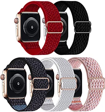 GBPOOT 5 Packs Nylon Stretch Band Compatible with Apple Watch,Adjustable Soft Sport Breathable Loop for Iwatch Series 7/6/5/4/3/2/1/SE,Red/Black/Hyper Grape/Seashell/Pink Sand,42/44/45mm