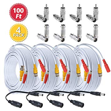BNC Cables 100ft 4 Pack HD Security Camera Cables Heavy Duty BNC Video Power Extension Cable with BNC to BNC, BNC to RCA Connectors, DC Power Cables for CCTV DVR Security Camera System-Flashmen