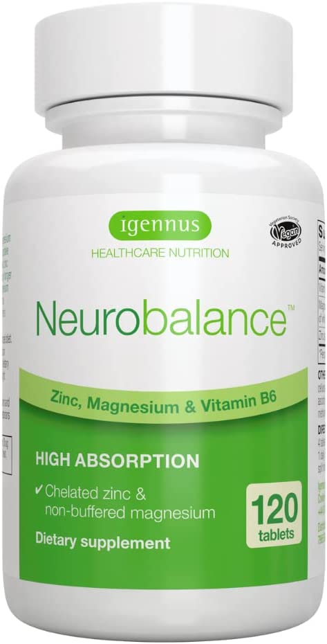 Neurobalance, High Absorption Zinc Magnesium B6 Supplement, Brain, Immune, Sleep & Muscle Recovery, Chelated Zinc Picolinate 24mg, Oxide-Free Magnesium & Vitamin B6, 120 Tablets, Vegan, by Igennus