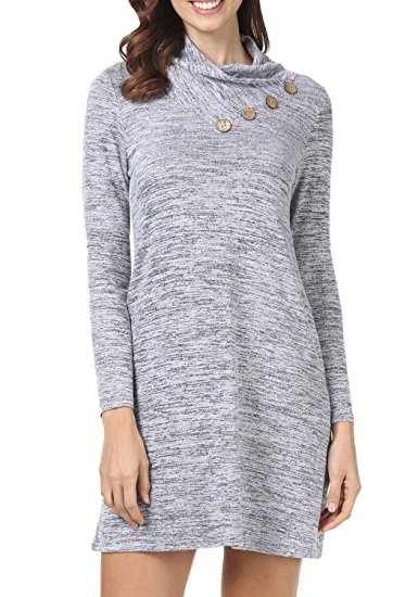 levaca Women's Long Sleeve Button Deco Turtleneck Loose Casual T Shirt Dress