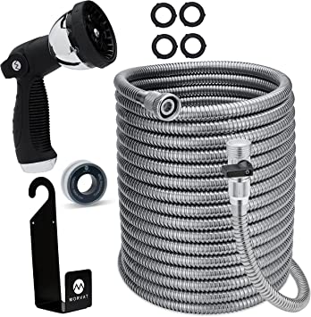 Morvat Stainless Steel Expandable Garden Hose 150 FT - Heavy Duty Metal Water Hose, Resistant to Tangles and Punctures, Auto ON/OFF Brass Connection, 10 Setting Spray Nozzle, Hose Holder & Carry Bag