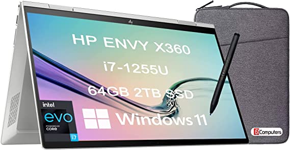 HP Envy X360 15 15t 2-in-1 Touchscreen (Intel 12th Gen i7-1255U, 64GB RAM, 2TB SSD, Webcam, Stylus) 15.6" FHD Convertible Laptop, Backlit KB, 2 x Thunderbolt 4, Computer Bag Included, Win 11 Home