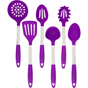 Purple Kitchen Utensil Set - Stainless Steel & Silicone Heat Resistant Cooking Tools - Spatula, Ladle, Mixing & Slotted Spoon, Pasta Fork Server, Drainer - Bonus Ebook!