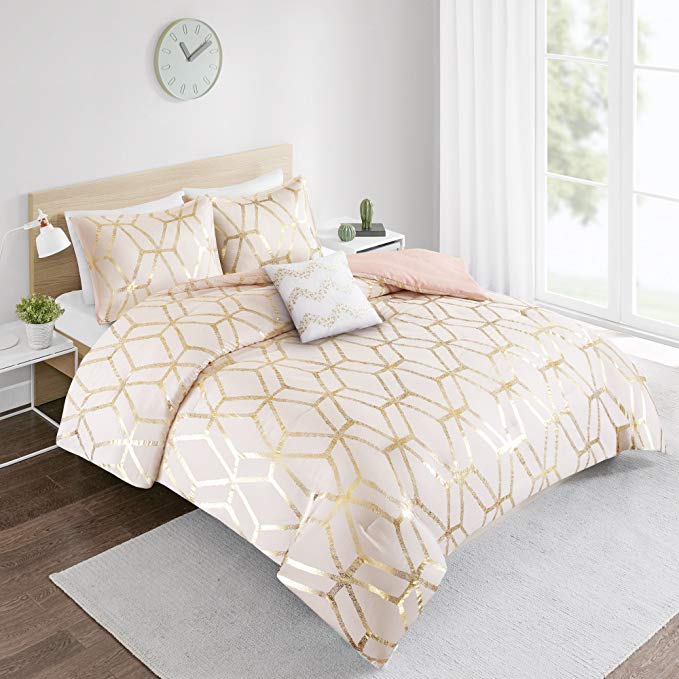 Comforter Set Twin Bedding Set - Vivian 3 Piece Blush Pink/Gold - Geometric Metallic Print - Hypoallergenic Soft Microfiber Lightweight All Season Twin Comforter - Fits Twin/Twin XL