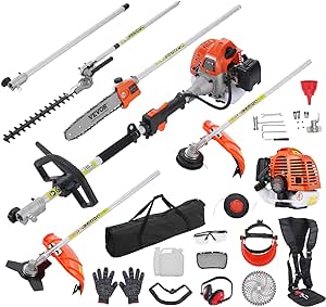 VEVOR 5-in-1 26cc 2 Cycle Gas Powered Dual Sided Hedge Trimmer, Weed Eater, String Trimmer, Brush Cutter, Edger, Pole Saw Chainsaw Pruner with Extension Pole, w/EPA, CE and EMC Certification