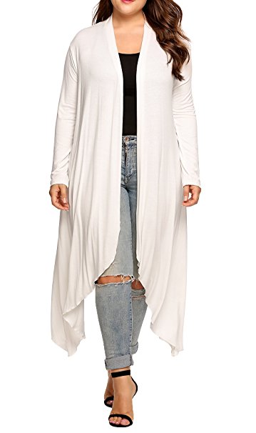 IN'VOLAND Women's Plus Size Long Sleeve Waterfall Asymmetric Drape Open Long Maxi Cardigan Sweater