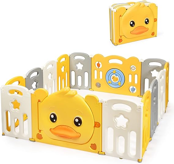 COSTWAY Foldable Baby Playpen, Yellow Duck Pattern Safety Yard with Lockable Door, Non-Slip Rubber Bases & Rubber Suction Cups, Portable Activity Center for Babies Toddlers (14 Panels)