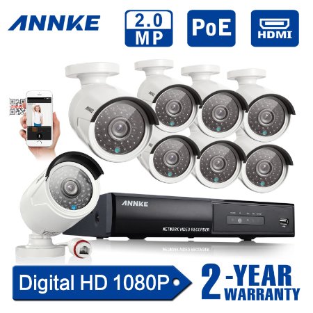 [HD 1920TVL]Annke 8CH 1080P PoE NVR, 8 2.0MP 100ft Night Vision HD Security Camera System (Quick Remote Access, 2.0 Mega-pixels,Power Over Ethernet,HDMI Output,Mobile Remote Viewing,Motion Detection)