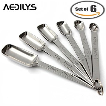 AEDILYS Set of 6 Best Measuring Spoons for Dry & Liquid Ingredients - Narrow Shape to Fit in Spice Jars - Perfect for Baking & Cooking -Professional Quality with Engraved U.S & Metric Sizes by AEDILYS