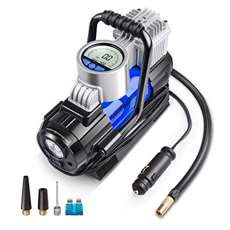 AstroAI Portable Air Compressor Pump, Digital Tire Inflator 12V DC Electric Gauge with Larger Air Flow 35L/Min, LED Light, Overheat Protection, Extra Nozzle Adaptors and Fuse, Blue