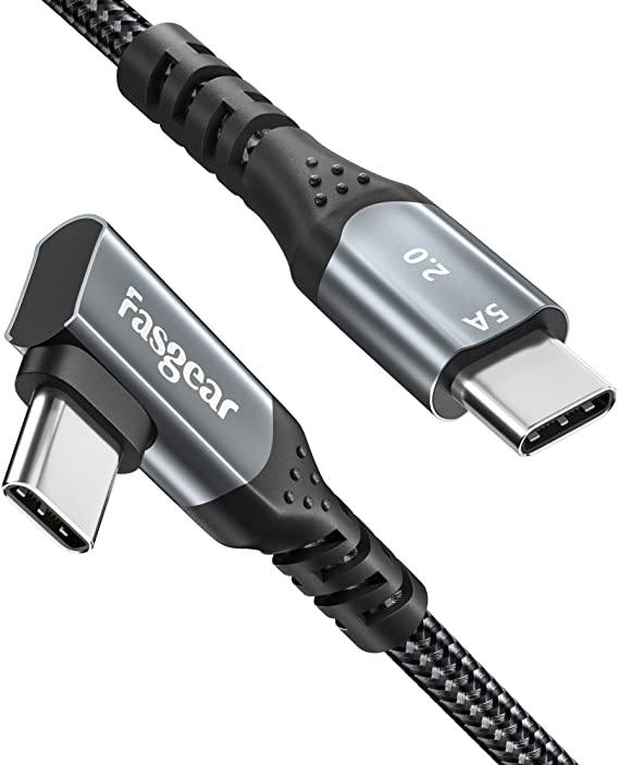 Fasgear USB C to USB C Cable Right Angle 90 Degree 100W 5A PD Fast Charge Type C Cable Compatible with MacBook Pro Air iPad Pro 2020 Galaxy S20 S10 Huawei P40 Lenovo ThinkPad Dell XPS HP (6ft, Black)