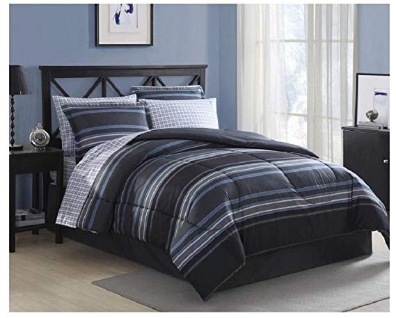 Twin Comforter Set 6 Piece Complete Bedding Set Blue Gray Stripe