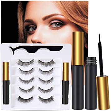 5 Pairs Reusable 5D Magnetic Lashes and Eyeliner Kit, Best Magnetic Eyeliner for Magnetic Lashes Kit, Comes With 2 Tubes of Magnetic Eyeliner-Easy to Use