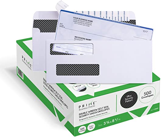 500 Self Seal QuickBooks Double Window Security Check Envelopes - for Business Laser Checks, Ultra Security Tinted, Self Adhesive Peel & Seal White, Size 3 5/8 x 8 11/16-24lb NOT for INVOICES